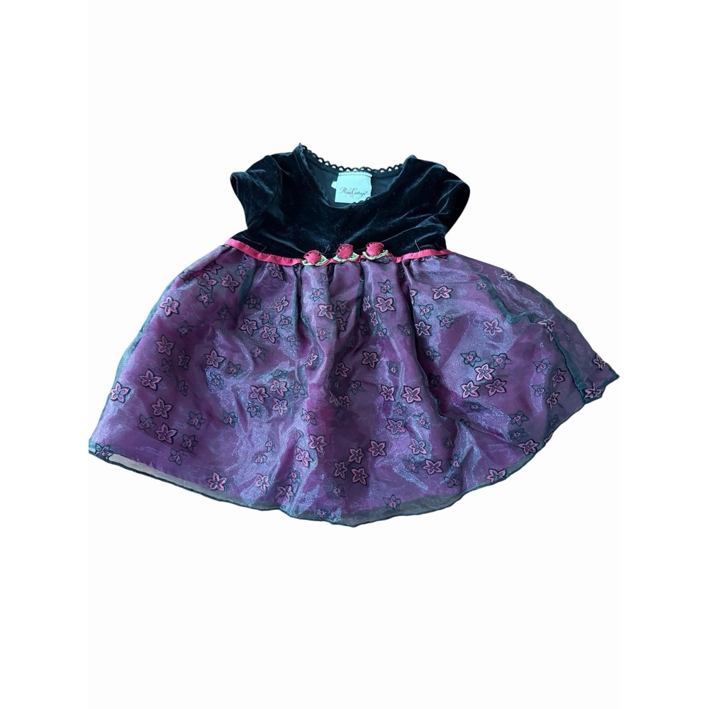 Vtg Rose Cottage Girls 12 months dress black velour purple chiffon floral party